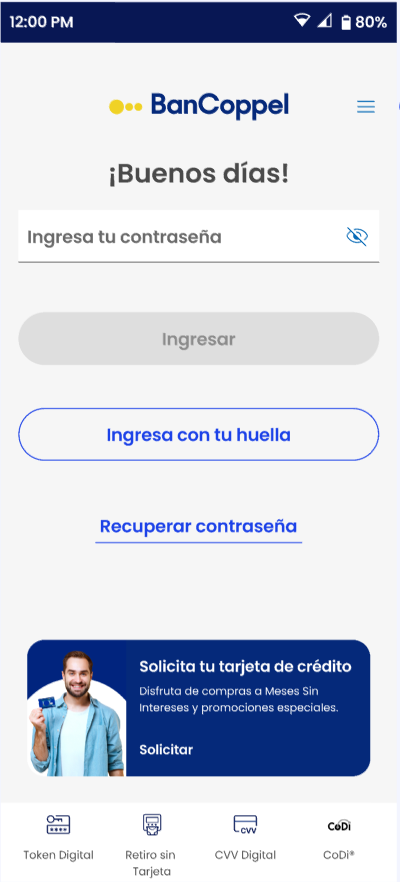 Pantalla de inicio de BanCoppel